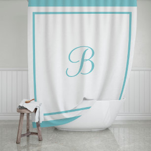 Classic Aqua Blue Border Script Monogram Letter Shower Curtain
