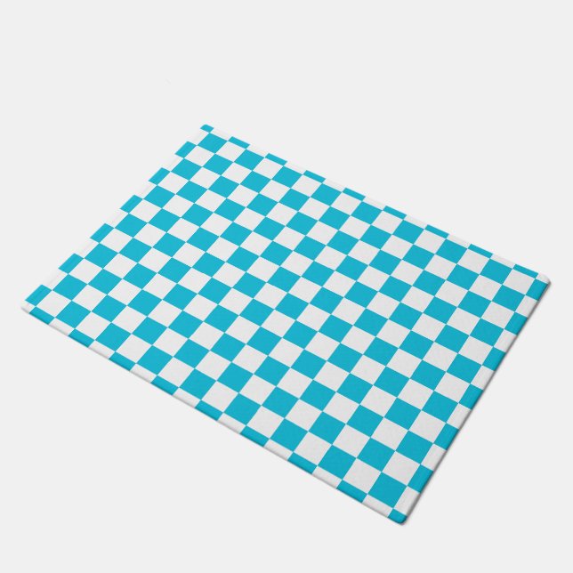 Classic aqua blue chequerboard doormat (Angled)