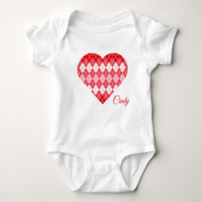 Classic Argyle Hearts Big Heart Red and Pink Baby Bodysuit (Front)