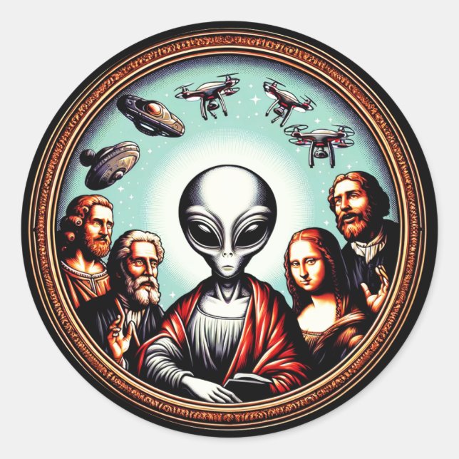 Classic Art Meets Alien Humor - Unique Portrait Round Sticker (Front)