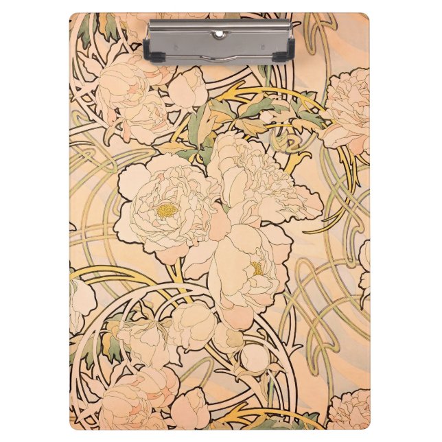 Classic Art Nouveau Peony Garden Pattern by Mucha Clipboard (Front)