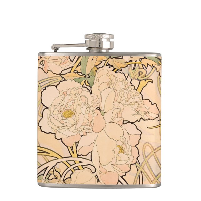 Classic Art Nouveau Peony Garden Pattern by Mucha Hip Flask (Front)