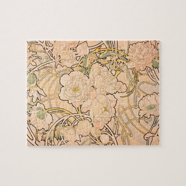 Classic Art Nouveau Peony Garden Pattern by Mucha Jigsaw Puzzle (Horizontal)