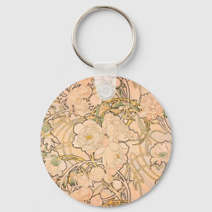 Classic Art Nouveau Peony Garden Pattern by Mucha Key Ring
