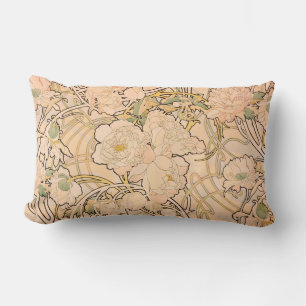 Classic Art Nouveau Peony Garden Pattern by Mucha Lumbar Cushion
