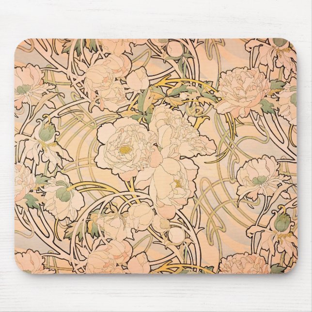 Classic Art Nouveau Peony Garden Pattern by Mucha Mouse Pad (Front)