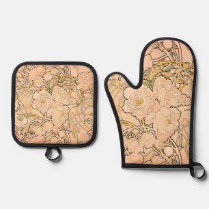 Classic Art Nouveau Peony Garden Pattern by Mucha Oven Mitt & Pot Holder Set