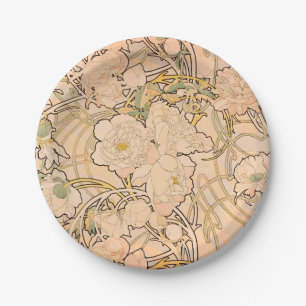 Classic Art Nouveau Peony Garden Pattern by Mucha Paper Plate