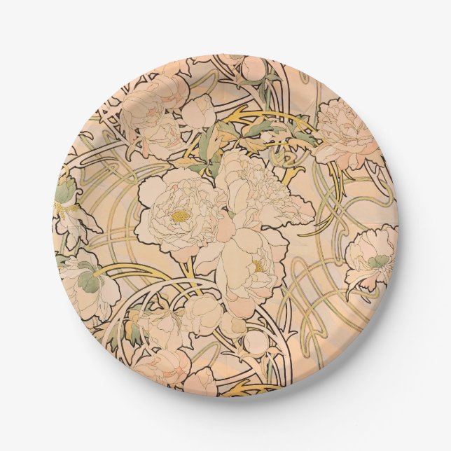Classic Art Nouveau Peony Garden Pattern by Mucha Paper Plate (Front)