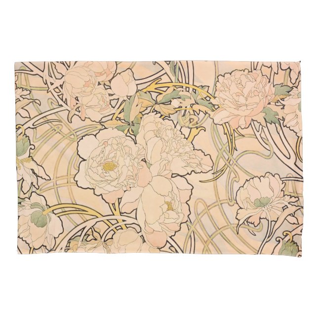 Classic Art Nouveau Peony Garden Pattern by Mucha Pillowcase (Front)