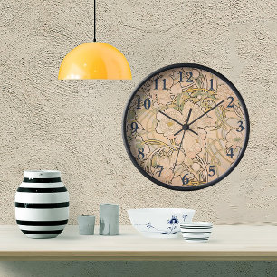Classic Art Nouveau Peony Garden Pattern by Mucha Round Clock