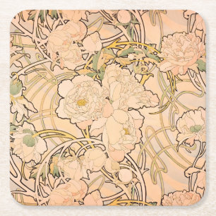 Classic Art Nouveau Peony Garden Pattern by Mucha Square Paper Coaster