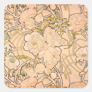 Classic Art Nouveau Peony Garden Pattern by Mucha Square Sticker