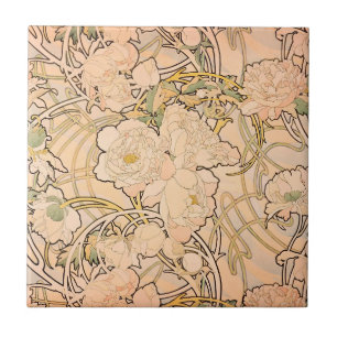 Classic Art Nouveau Peony Garden Pattern by Mucha Tile