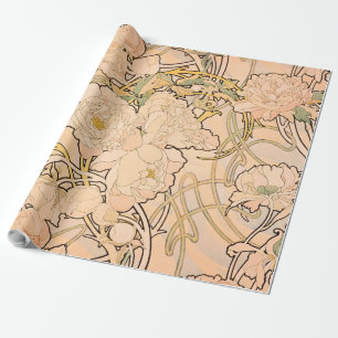 Classic Art Nouveau Peony Garden Pattern by Mucha Wrapping Paper