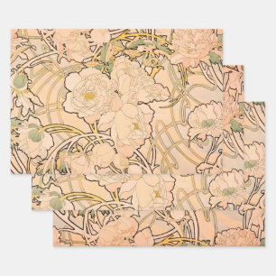 Classic Art Nouveau Peony Garden Pattern by Mucha Wrapping Paper Sheet