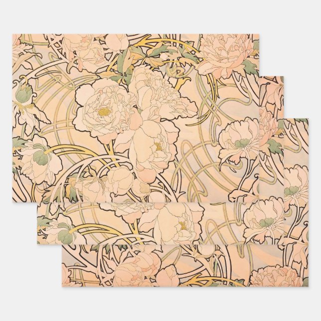 Classic Art Nouveau Peony Garden Pattern by Mucha Wrapping Paper Sheet (Set)