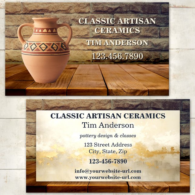 Classic Artisan Ceramic Pottery Business Card (Classic business card featuring a Roman urn on rustic wood - ceramic artist - pottery classes)