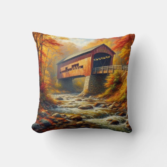 classic, autumn covered bridge cushion (Front)