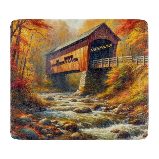 classic, autumn covered bridge cutting board (Front)