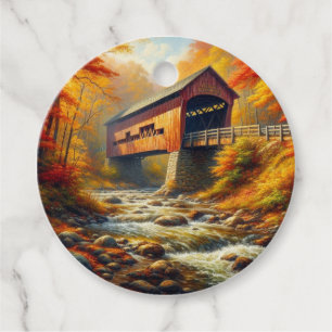 classic, autumn covered bridge favour tags