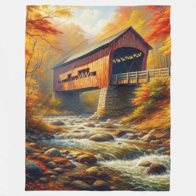 classic, autumn covered bridge fleece blanket (Front)