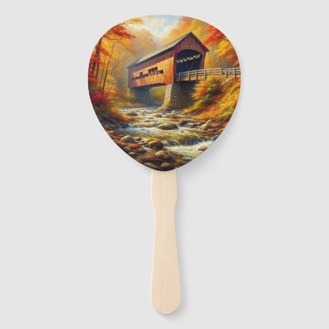 classic, autumn covered bridge hand fan (Front)
