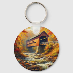 classic, autumn covered bridge key ring