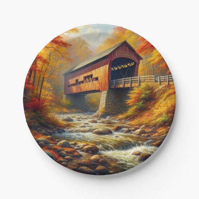 classic, autumn covered bridge paper plate (Front)