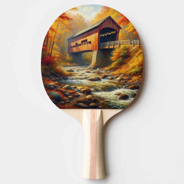 classic, autumn covered bridge ping pong paddle (Front)