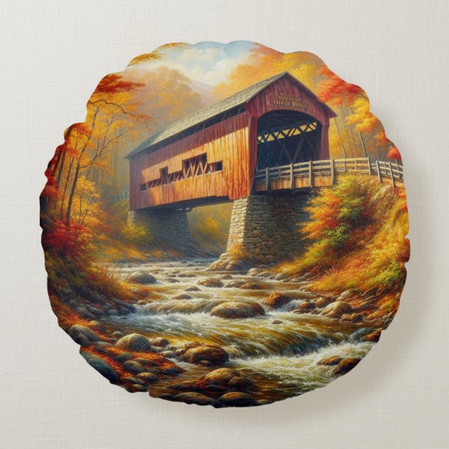 classic, autumn covered bridge round cushion (Front)