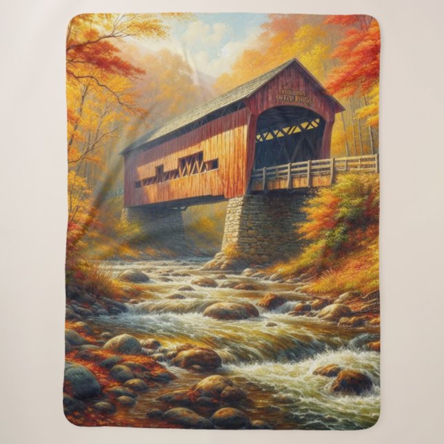classic, autumn covered bridge sherpa blanket (Front)
