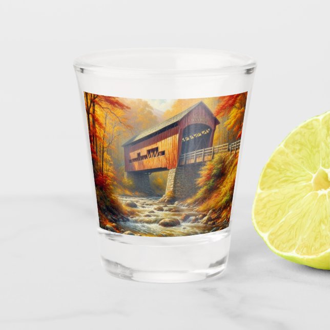 classic, autumn covered bridge shot glass (Front)