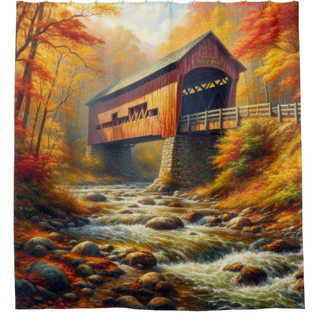 classic, autumn covered bridge shower curtain (Front)