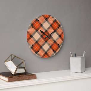 Classic Autumn Pumpkin Orange Brown Tartan Pattern Large Clock