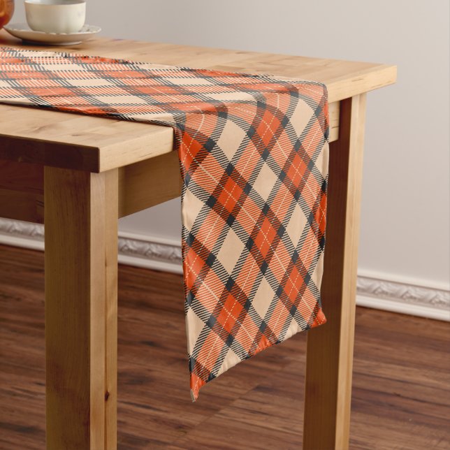 Classic Autumn Pumpkin Orange Brown Tartan Pattern Medium Table Runner (In Situ)