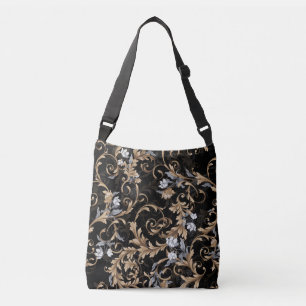 Classic baroque flowers: black background. crossbody bag