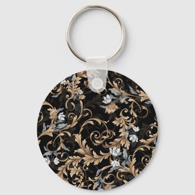 Classic baroque flowers: black background. key ring (Front)