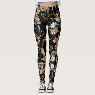Classic baroque flowers: black background. leggings