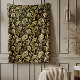 Classic Baroque Style Gold Damask Bed Throw Fleece Blanket