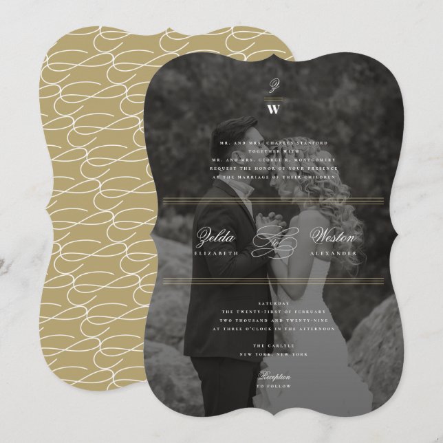 Classic Bars Double Monogram Modern Photo Wedding Invitation (Front/Back)