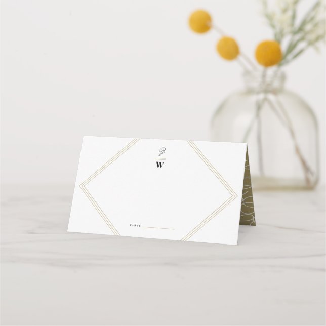 Classic Bars Lines Double Monogram Modern Wedding Place Card (Front)
