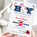 Classic Baseball Oh Boy Baby Shower Invitation<br><div class="desc">A modern baby shower invitation with a baseball theme,  featuring a classic white background,  navy blue and red text,  a baseball,  stars,  a helmet with bat and ball and a sporty baby shower template that is easy to customise.</div>