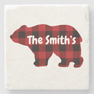 classic bear design red black buffo plaid stone coaster