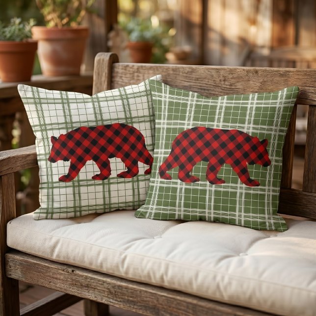 Classic Bear Red Black Buffalo Lumberjack Check Cushion (Creator Uploaded)