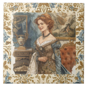 Classic, Beautiful Lady with Floral Elegance Tile