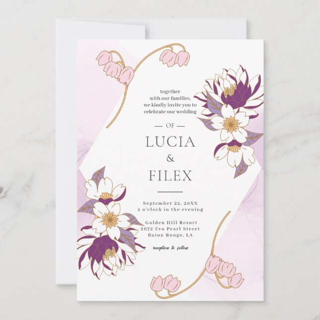 Classic Beautiful Pruple Lotus & Colour Ink Weddin Invitation (Front)