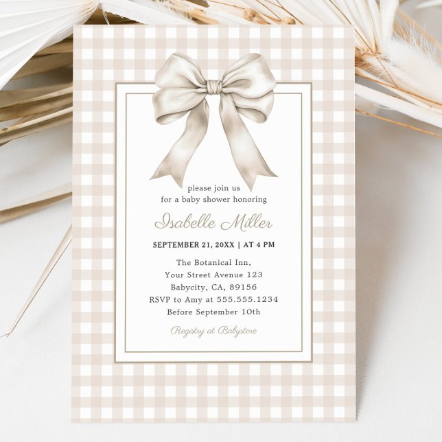Classic Beige Bow Gingham Neutral Baby Shower Invitation (Classic Beige Bow Gingham Neutral Baby Shower Invitation)