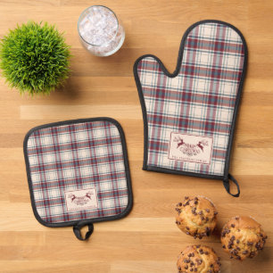 Classic Beige & Burnt Red Buffalo Plaid Christmas Oven Mitt & Pot Holder Set