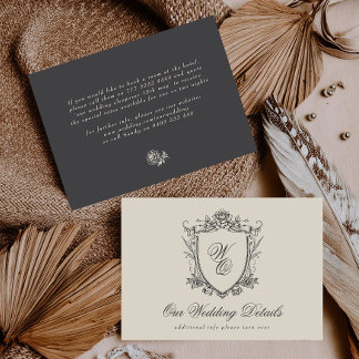 Classic Beige Charcoal Floral Crest Wedding Detail Enclosure Card